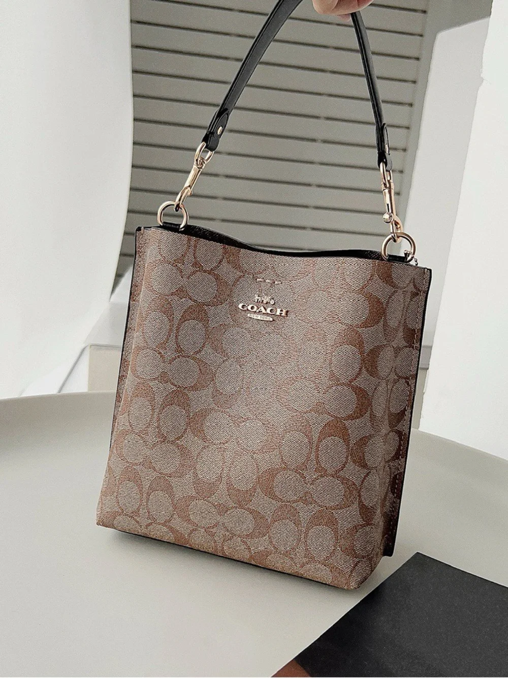 Coach Khaki/Brown Signature Canvas Bucket Crossbody